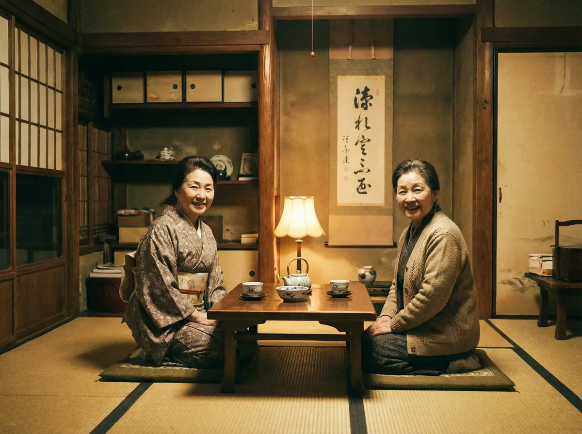 两位优雅的 尊龙凯时平台 在日式茶室中品茶交谈